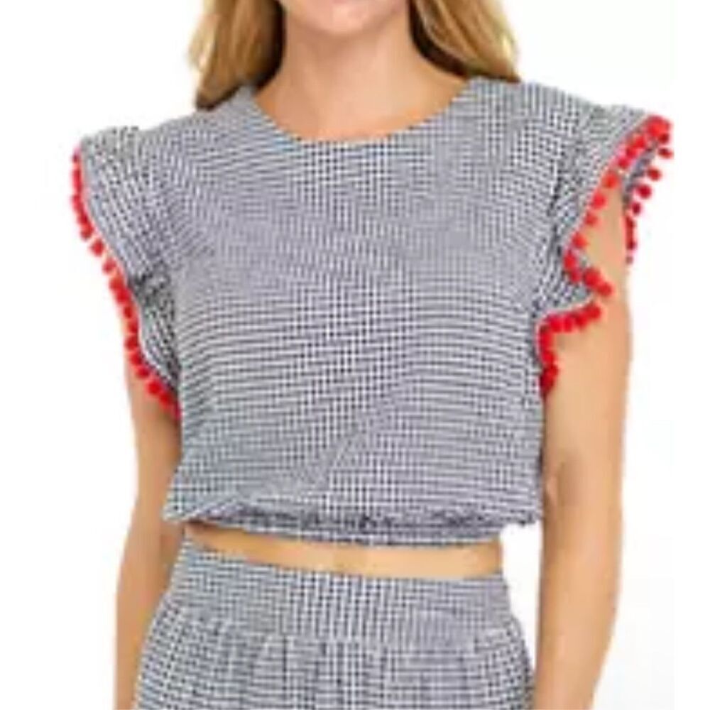 Crown & Ivy Gingham Pom Trim Top Size medium